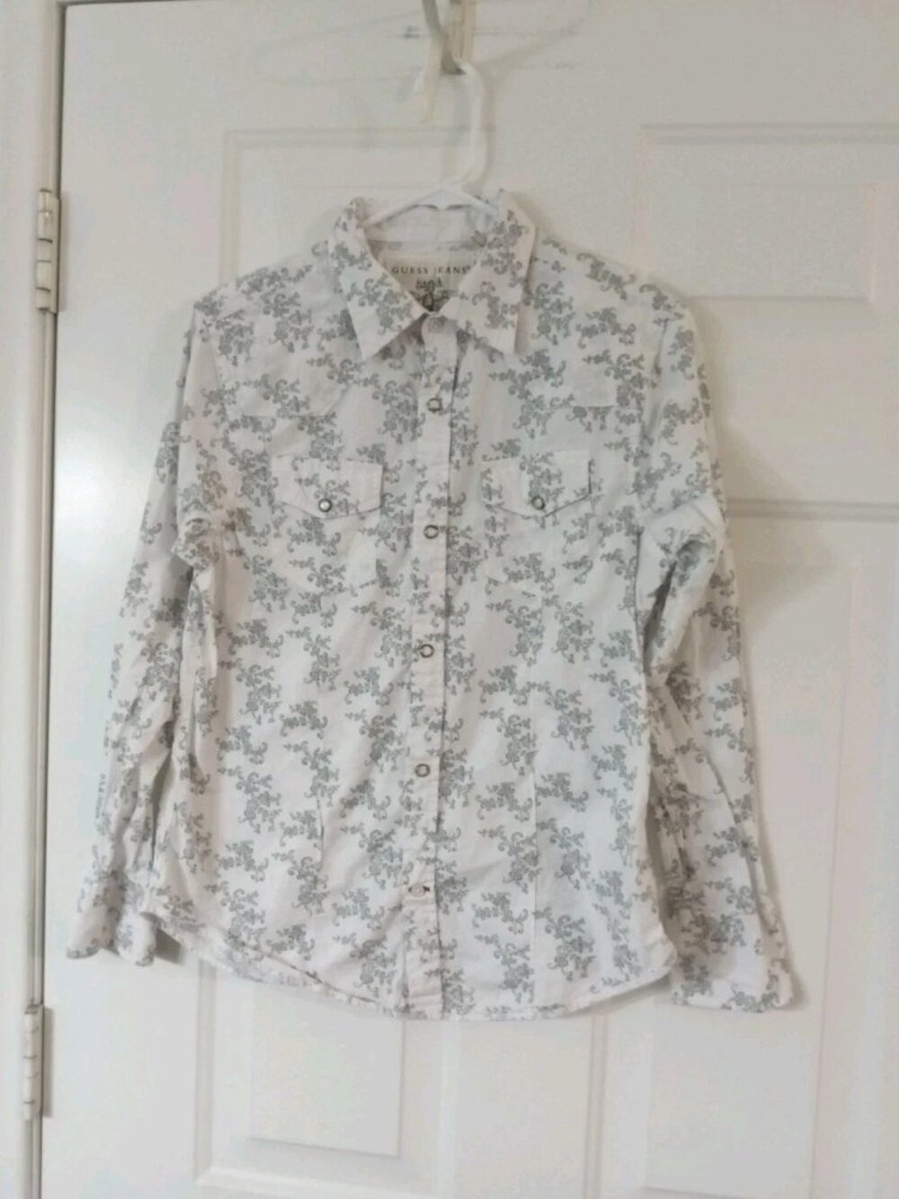 Guess Jeans Boys Large 16-18 Western Long Sleeve Pearl Snap White Paisley Shirt